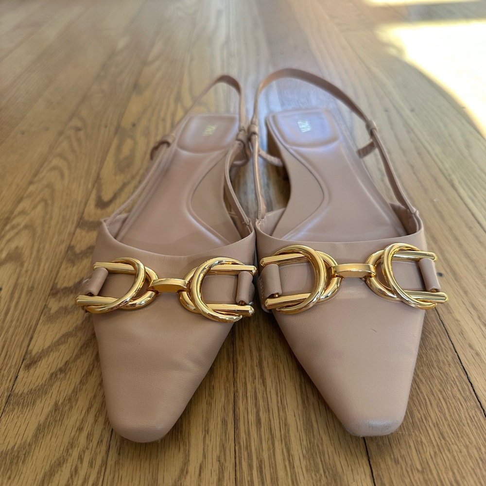 Zara Nude Slingback Flats with Gold Accents